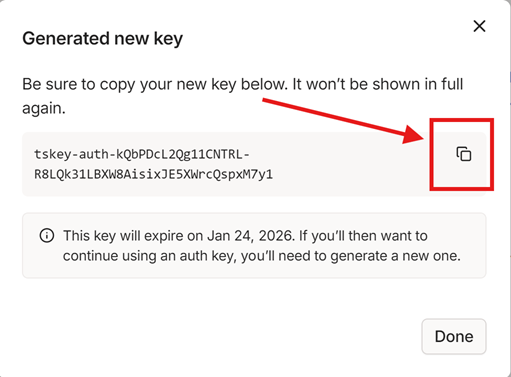 步骤 4：复制 tskey- 开头的 Key